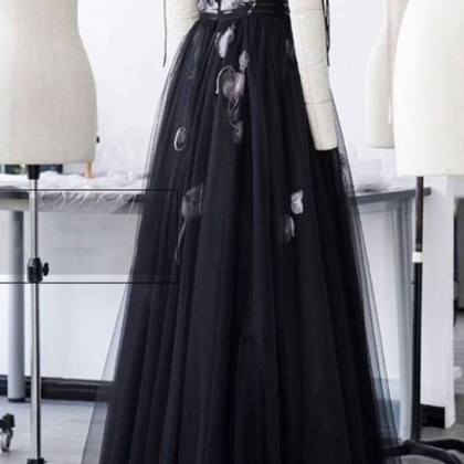 Black Tulle A Line Spaghetti Straps Evening Dress,..