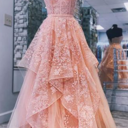 Sweetheart Pink Lace Floor Length Evening Dress,..