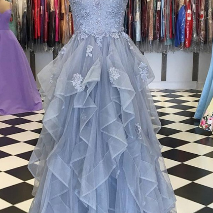 Blue Gray Tulle Ruffles Long Spaghetti Straps..