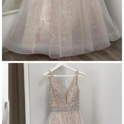 Light Champagne Tulle Beads Long Prom Dress, Tulle..