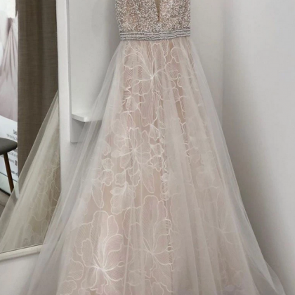 Light Champagne Tulle Beads Long Prom Dress, Tulle..