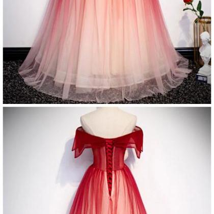 Lace Off The Shoulder Burgundy Tulle Prom Dress,..