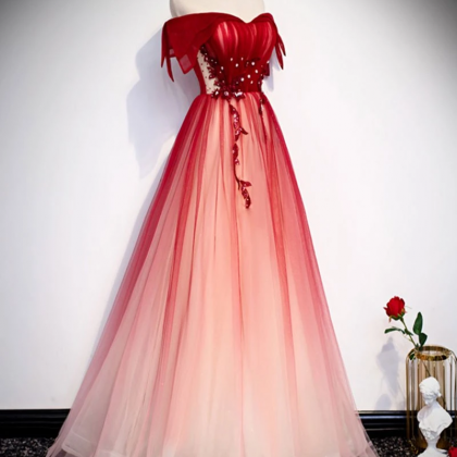 Lace Off The Shoulder Burgundy Tulle Prom Dress,..