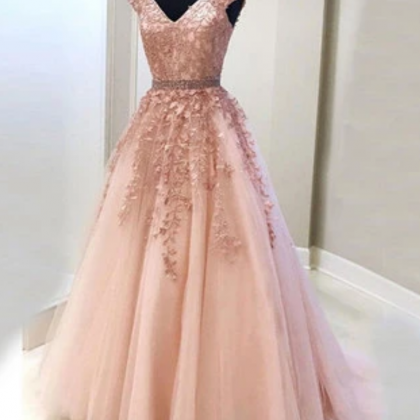 Pink V Neck Tulle Lace Long Prom Dress, Lace..