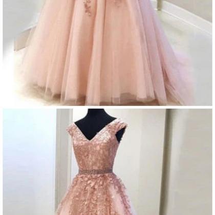 Pink V Neck Tulle Lace Long Prom Dress, Lace..