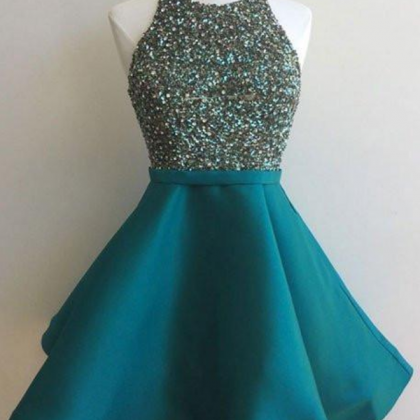 Cute Round Neck Sequin Backless Green Short Prom..