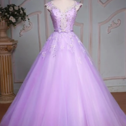 Prom Dresses Lavender Tulle Cap Sleeve Beaded Long