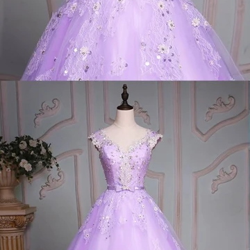 Prom Dresses Lavender Tulle Cap Sleeve Beaded Long