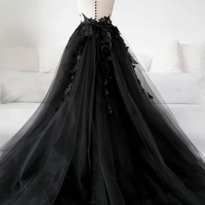 Black Tulle Applique Long Prom Dress, Fabulous..