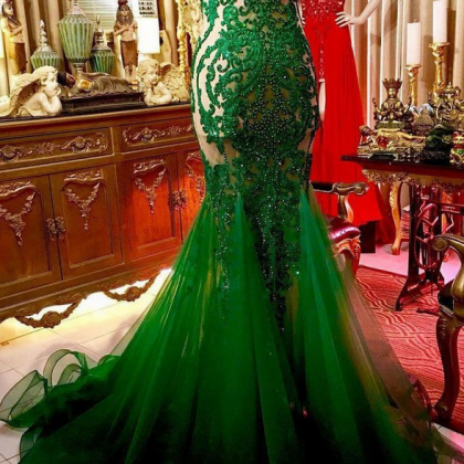 Green Lace Tulle Long Prom Dress, Green Lace..