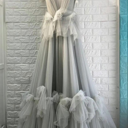 Gray V Neck Tulle Long Prom Dress, Gray Tulle..