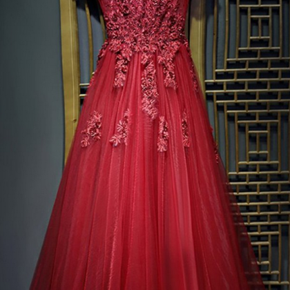 Tulle A Line Long Formal Prom Dress , Red Lace..