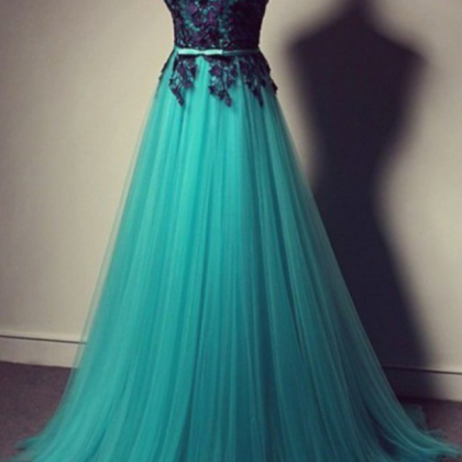 Turquoise Prom Dress With Black Lace, Tulle Prom..
