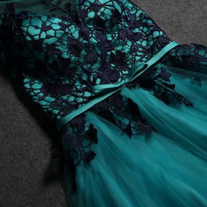 Turquoise Prom Dress With Black Lace, Tulle Prom..