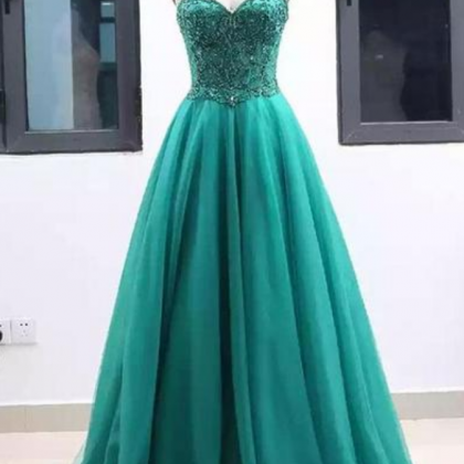 Sweetheart Green Tulle Long A Line Prom Dress,..