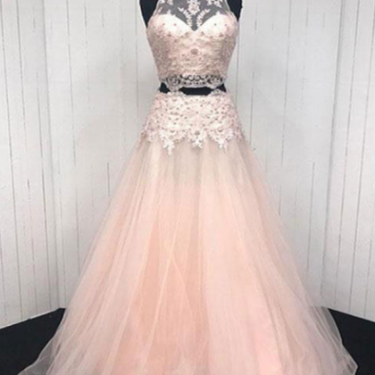 Elegant Pink V Tulle Two Piece Long Prom Dresses,..