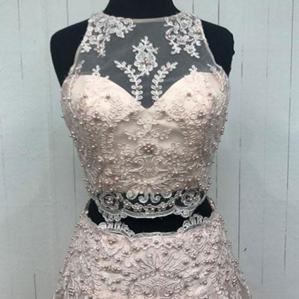 Elegant Pink V Tulle Two Piece Long Prom Dresses,..