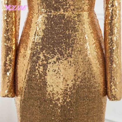 Ruby Outfit Gold Sequins Long Sleeve Prom Dresses..