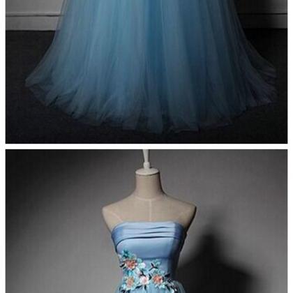 Blue Strapless Tulle A-line Prom Dress, Blue..