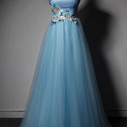 Blue Strapless Tulle A-line Prom Dress, Blue..