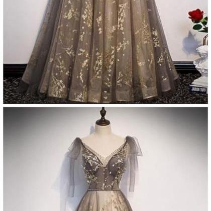 Elegant V Neck Gray Gold Tulle Lace Long Prom..