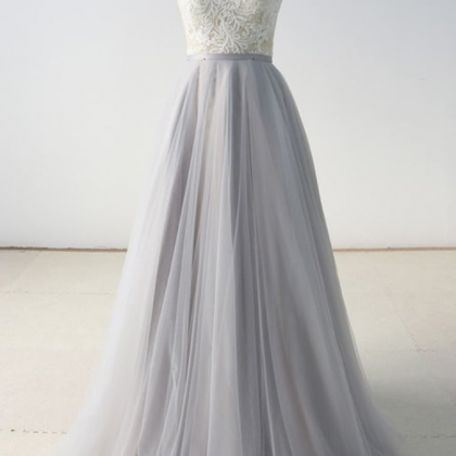Gray Tulle A Line Long White Lace Evening Dress,..