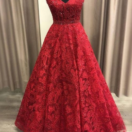 Charming Red V-neck Lace Beaded Prom..