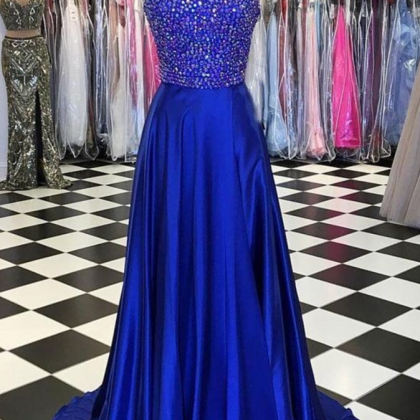 Blue A-line Beads Long Prom Dress, Blue Evening..
