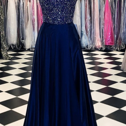 Blue A-line Beads Long Prom Dress, Blue Evening..