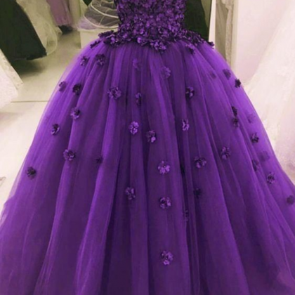Purple Tulle Flowers Prom Dress Sweetheart A Line..
