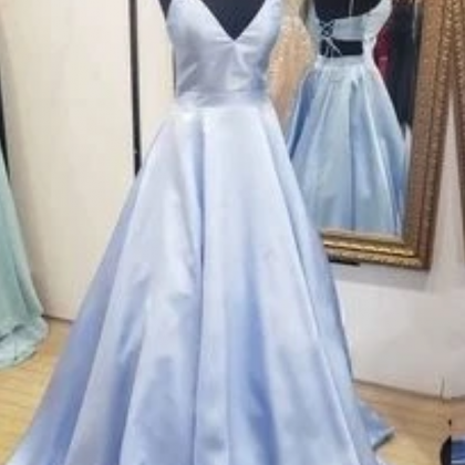 A-line Blue Satin Long Prom Dress With Lace Up..