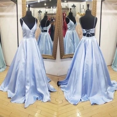 A-line Blue Satin Long Prom Dress With Lace Up..
