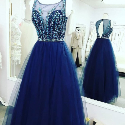 Fashion Royal Blue Tulle Beaded Back O Long Prom..