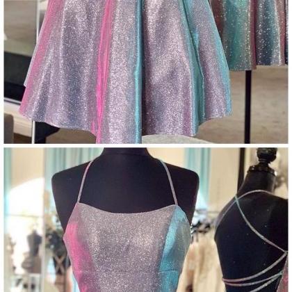 Sparkly A-line Scoop Neck Cross Back Gray Satin..
