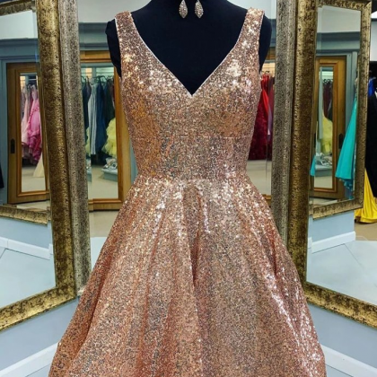 A-line V-neck Sequins Short Prom Dress, Gold..