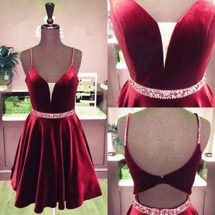 Elegant Burgundy Velvet Homecoming Dress Short..