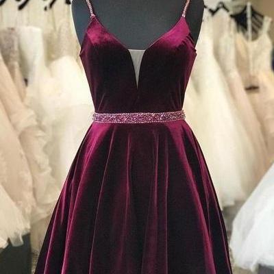Elegant Burgundy Velvet Homecoming Dress Short..