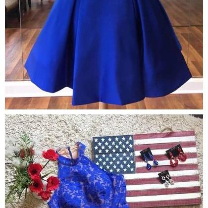 A-line Royal Blue Short Prom Dress High Neck Lace..