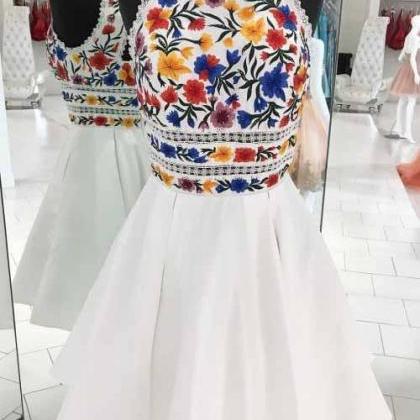 Unique White High Neck Short Prom Dresses, A Line..