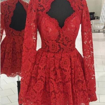 A-line High Neck Long Sleeve Homecoming Dress Red..