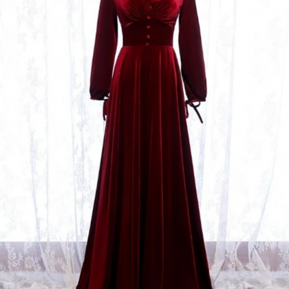 Dark Red Velvet Long Sleeves A-line Party Dress,..