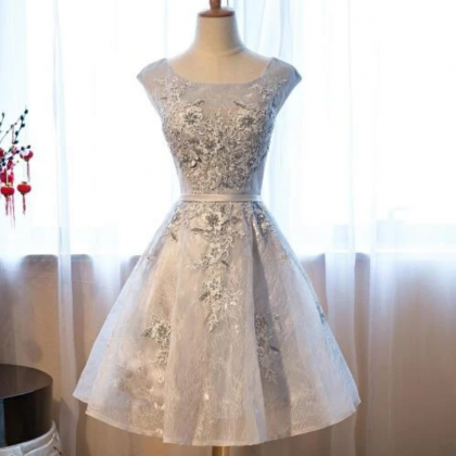 Light Grey Lace Short Homecoming Dress With..