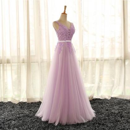 Tulle Lilac V-neckline Party Dress, Long Evening..