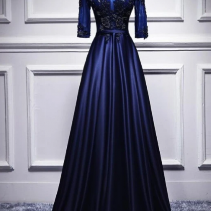 Navy Blue 1/2 Sleeves Satin Long Bridesmaid Dress,..
