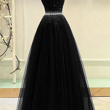 Black Tulle A-line Long Party Dress, Black Prom..