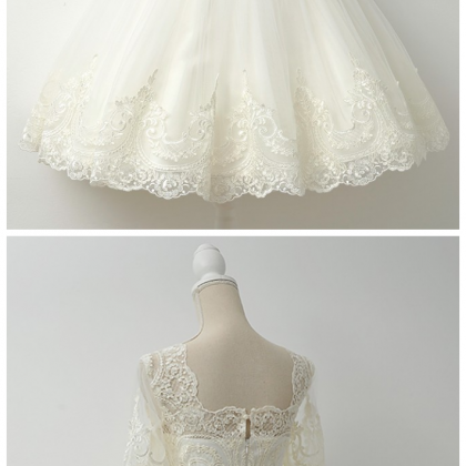 A-line Square Knee-length Half Sleeves Ivory Tulle..