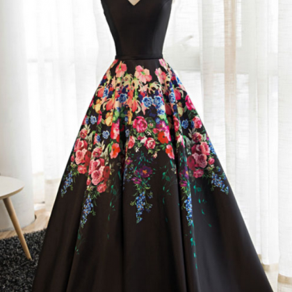 Elegant V-neckline Floral Satin Party Dress, Black..