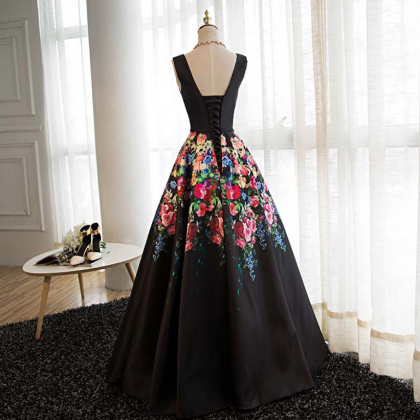 Elegant V-neckline Floral Satin Party Dress, Black..