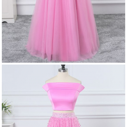 Tulle Two Pieces Strapless Long Beaded Prom Dress,..