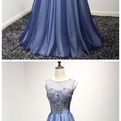 Long Tulle Blue Formal Dress With Sparkly Beading